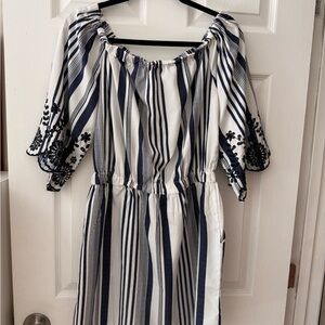 NWT Style House Romper Striped Off-Shoulder Dress with Embroidered Sleeves